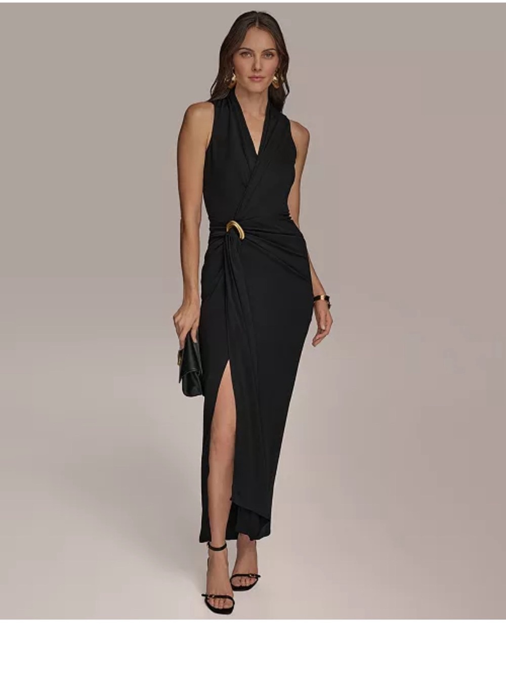 Donna Karan Black Sleeveless Wrap Maxi Dress with Gold Ring